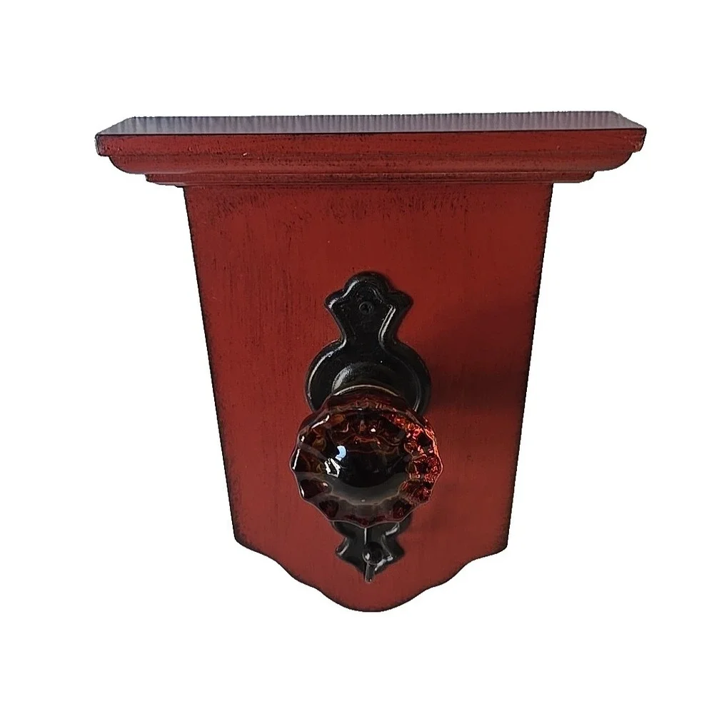 Vintage Wall Hook Rack Red Iron Door Knob Wood Coat Hat Hanger Rustic Farmhouse